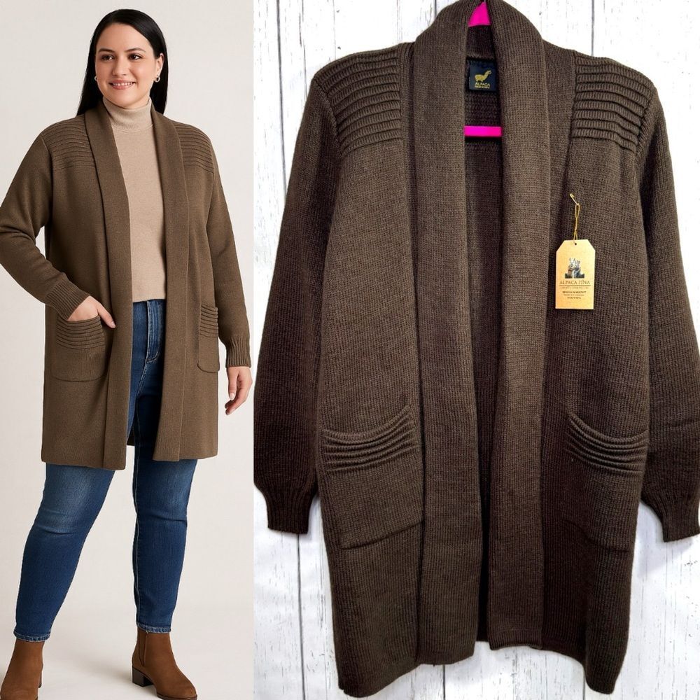 Alpaca Fina Brown Alpaca Wool Long Open Front Cardigan Quiet Luxury Minimalist